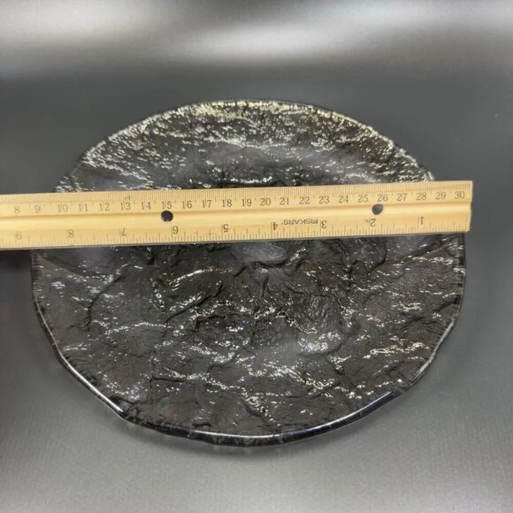 Vintage JSG Oceana‎ Art Glass Metallic Black Texture Glass Dish Plate 9inch Wide